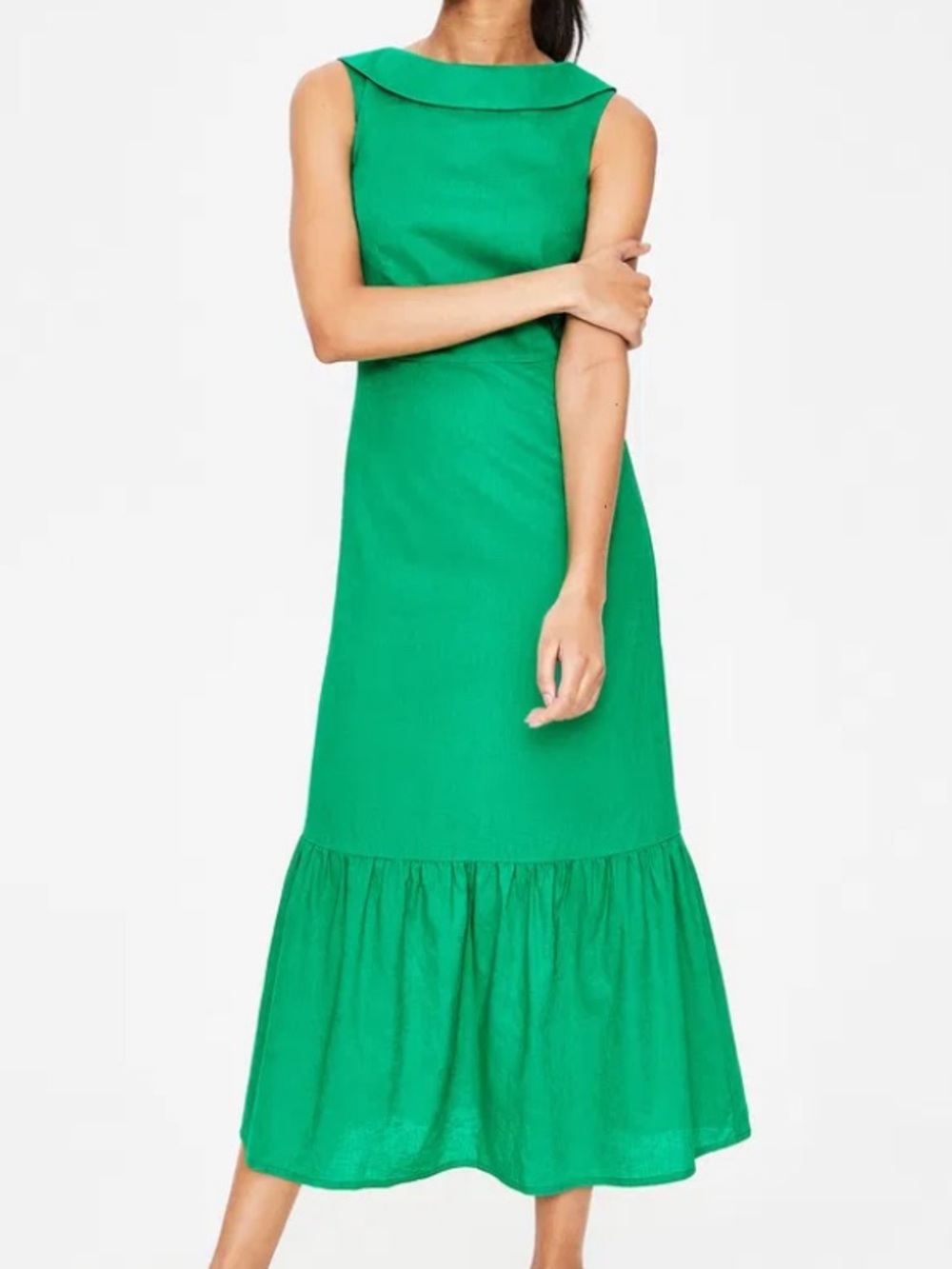 NEW Boden Green Clarice Linen Cotton Midi Ruffle Dress Size 14